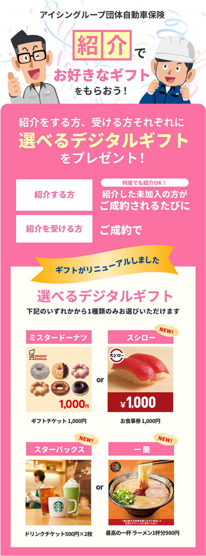 紹介をする方、受ける方それぞれに選べるデジタルギフトプレゼント
